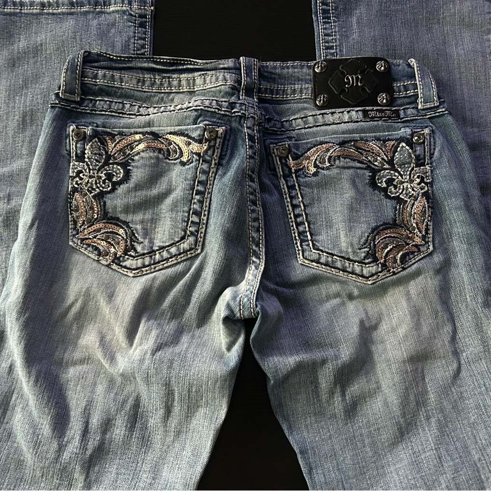 Miss Me Light Blue Boot Cut Jeans with Rose Gold Embroidery